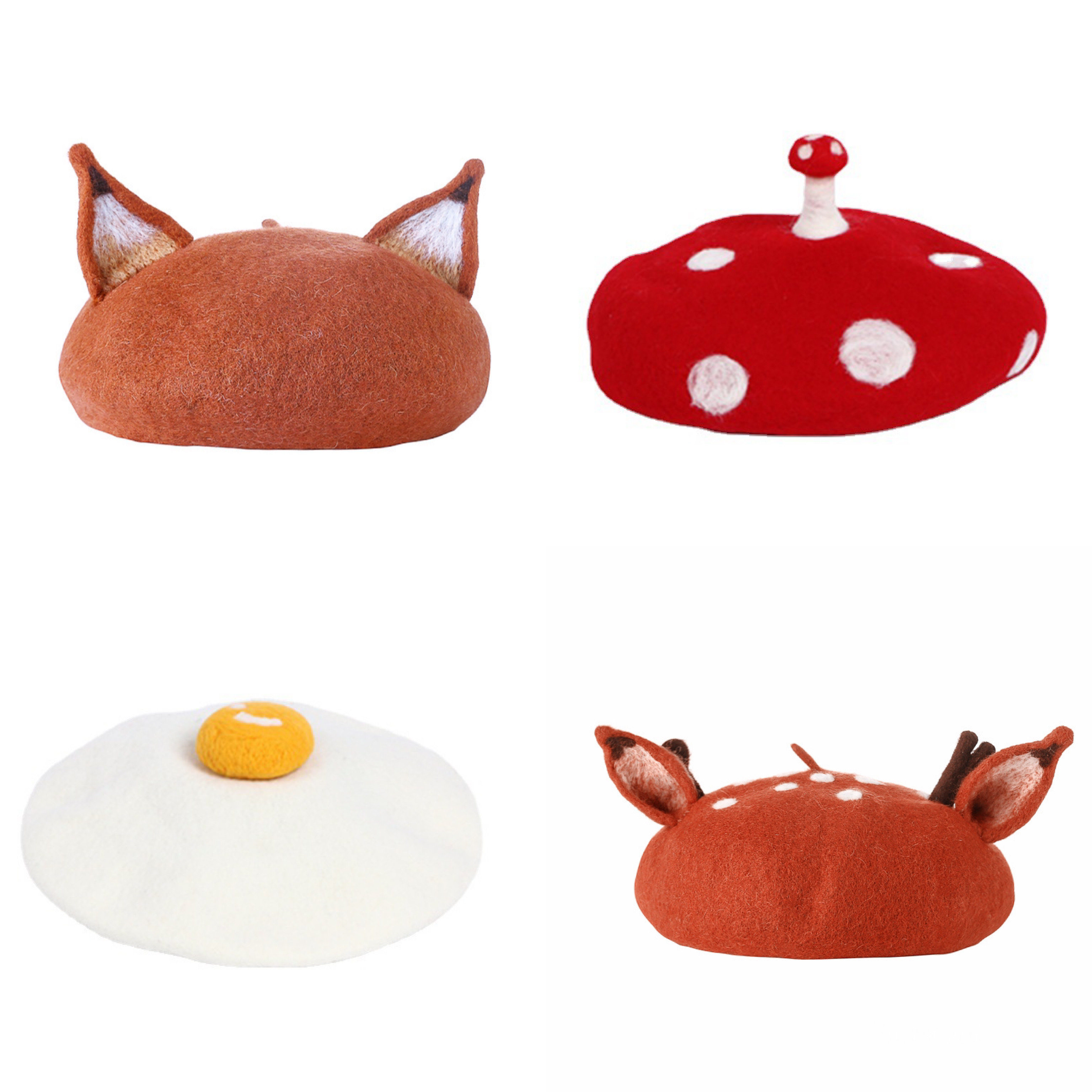 BangBang饱饱ins秋冬女童红色手工蘑菇贝雷帽可爱羊毛呢画家帽子