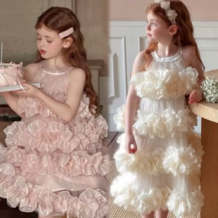 BangBang饱饱女童春夏层层花朵蛋糕裙公主风挂脖吊带连衣裙背心裙