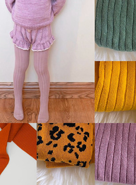 ins春秋女童宝宝欧美风精梳棉坑条青绿色紫色连裤袜百搭打底裤子