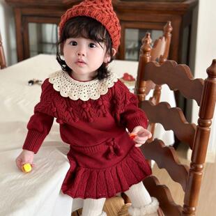 BangBang饱饱 圣诞新年毛衣套装。ins风女童手工球球毛衣针织裙裤