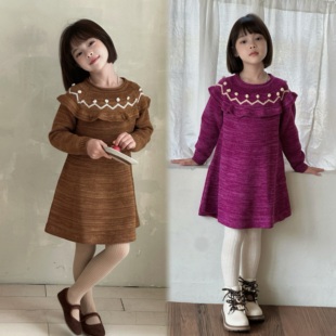 BangBang饱饱女童秋冬手工球球复古时髦荷叶边经典羊毛针织连衣裙