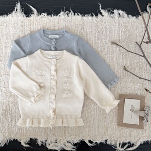 BangBang饱饱 外套毛衣 女童秋冬荷叶边圆领可爱绣花纯棉针织开衫