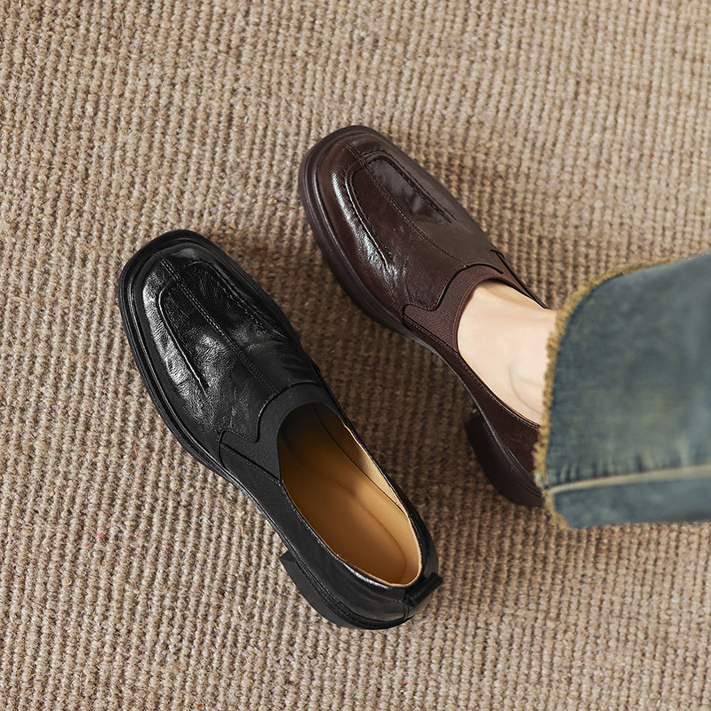 法式方头深口单鞋女粗跟小皮鞋