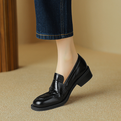 英伦风真皮粗跟一脚蹬乐福鞋女