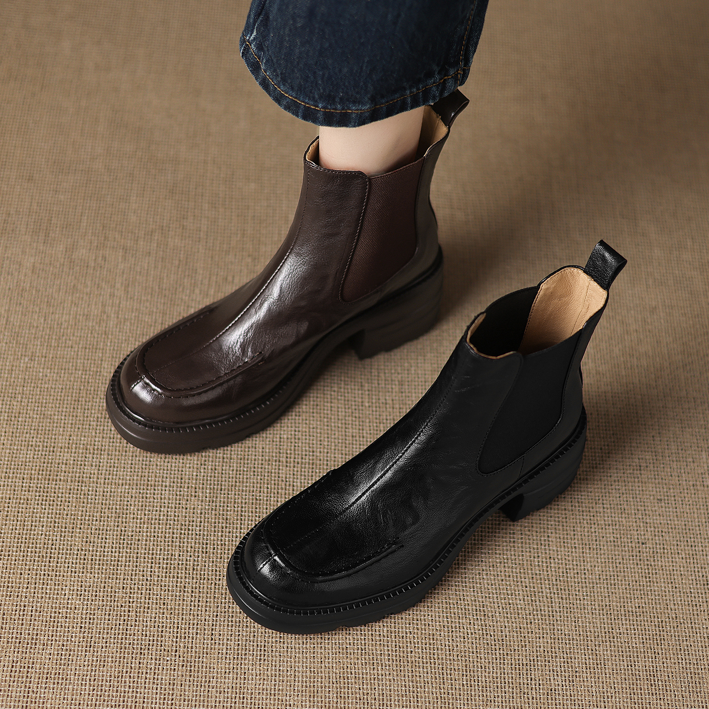 厚底英伦风羊皮粗跟切尔西靴女