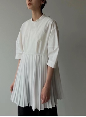 CLANE松本惠奈百褶高腰拼接收腰衬衫上衣女，小个子圆领圆领衬衫