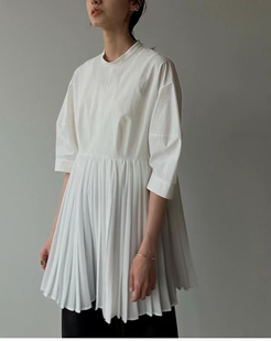 CLANE松本惠奈百褶高腰拼接收腰衬衫上衣女，小个子圆领圆领衬衫