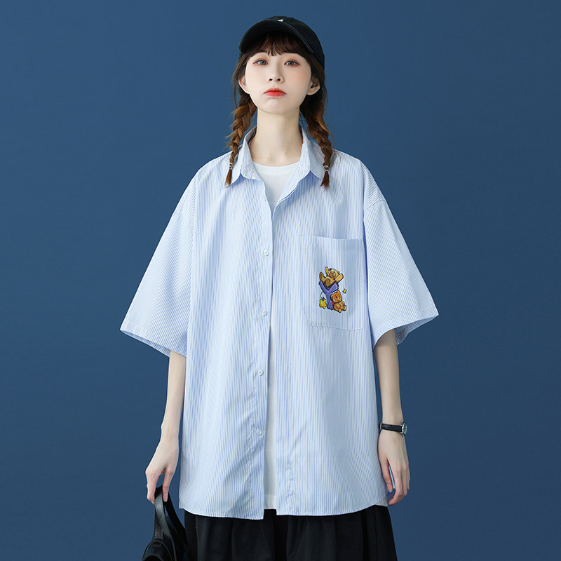 @中性蓝底条纹短袖衬衫夏装小熊印花衬衣外套TC7001-P35控48,男装衬衫,星座216(原A116)