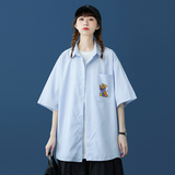 @中性蓝底条纹短袖衬衫夏装小熊印花衬衣外套TC7001-P35控48，男装衬衫，星座216(原A116)