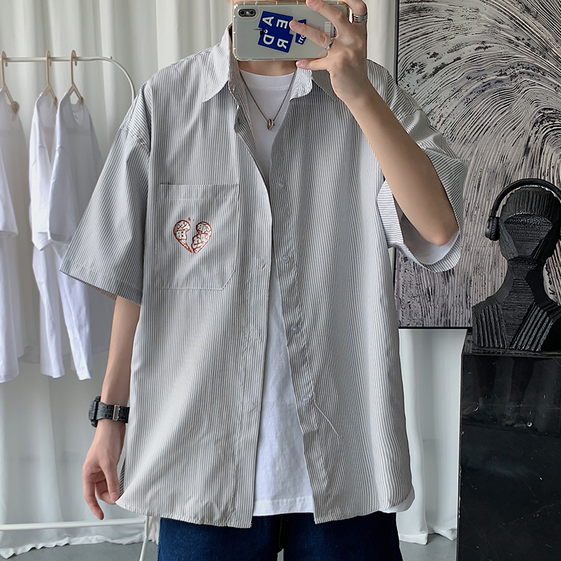 @短句爱心条纹短袖衬衫夏装纯色翻领衬衣外套TC7002-P35控48，男装衬衫，星座216(原A116)