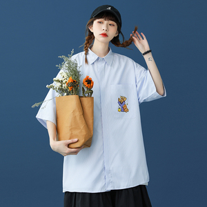 @中性蓝底条纹短袖衬衫夏装小熊印花衬衣外套TC7001-P35控48