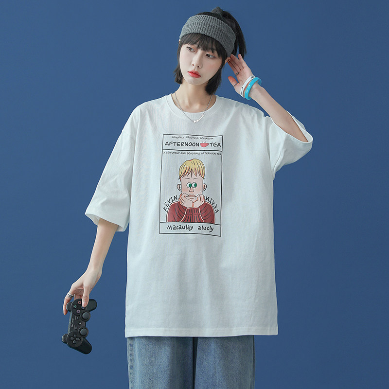 中性棚拍印花恤圓領純棉短袖五分袖夏季打底衫