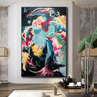 轻奢手绘油画花卉挂画新中式入户客厅玄关走廊过道高端抽像装饰画