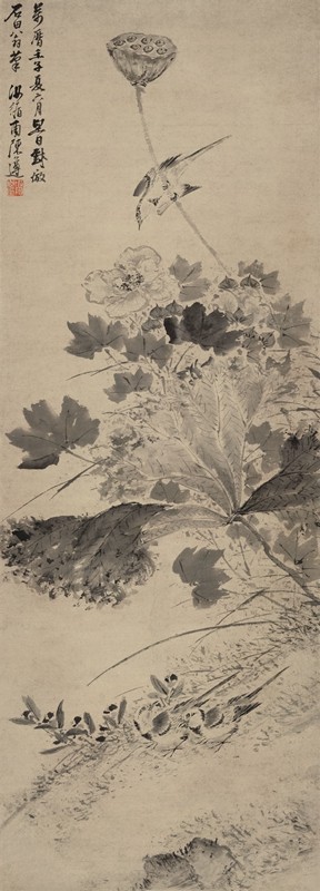 明陈遵芙蓉鹡鸰图原大挂画装饰画仿古字画高清复制品微喷装裱临摹