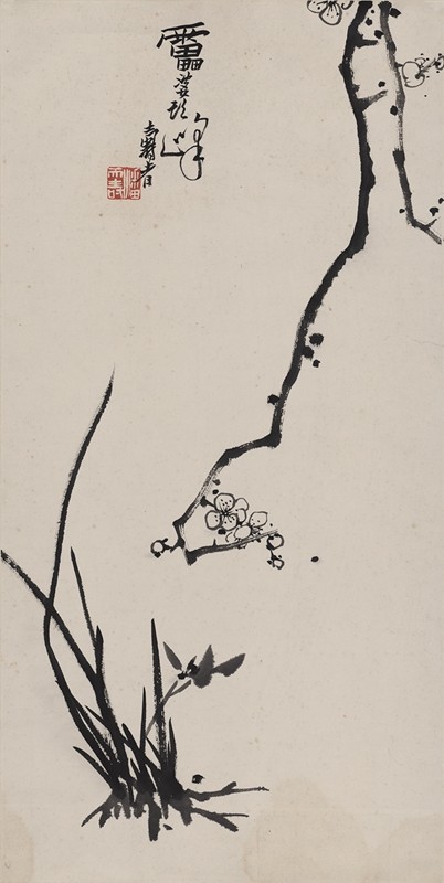 近代潘天寿梅花原大挂画茶楼仿古字画高清复制品微喷卷轴范本挂轴