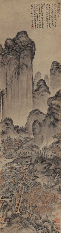 元王蒙秋山萧寺图原大立轴名画仿古字画高清复制品微喷装裱范本