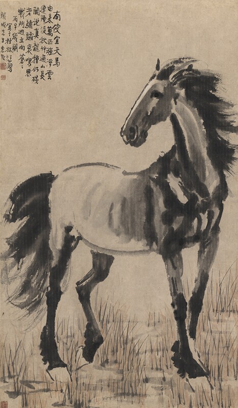 近代徐悲鸿站马原大立轴装饰画仿古字画高清原作版画微喷装裱范本