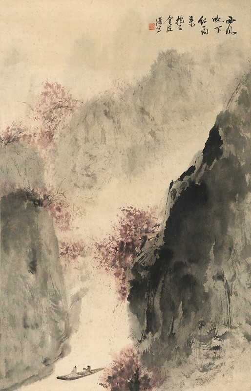 近代傅抱石西风吹下红雨来原大挂画茶楼仿古字画高清原作版画微喷