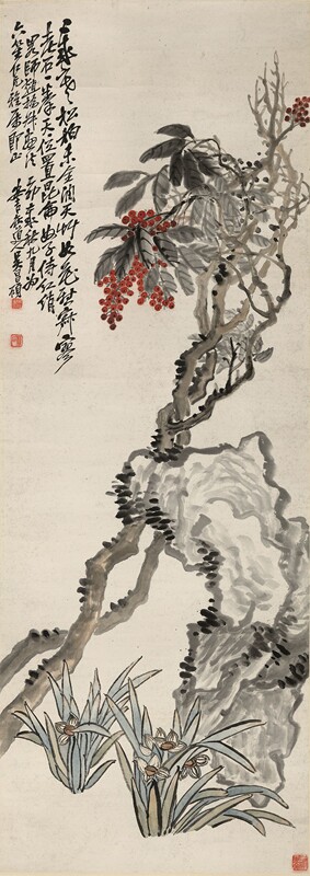 近代吴昌硕天竹老石图原大条幅画稿仿古字画高清复制品微喷卷轴