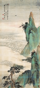 近代祁昆金碧青绿山水原大条幅装饰画仿古字画高清复制品微喷卷轴