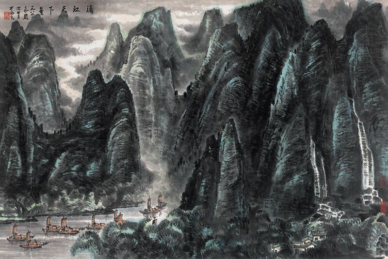 近代李可染漓江山水原大横幅茶楼仿古字画高清原作版画微喷卷轴