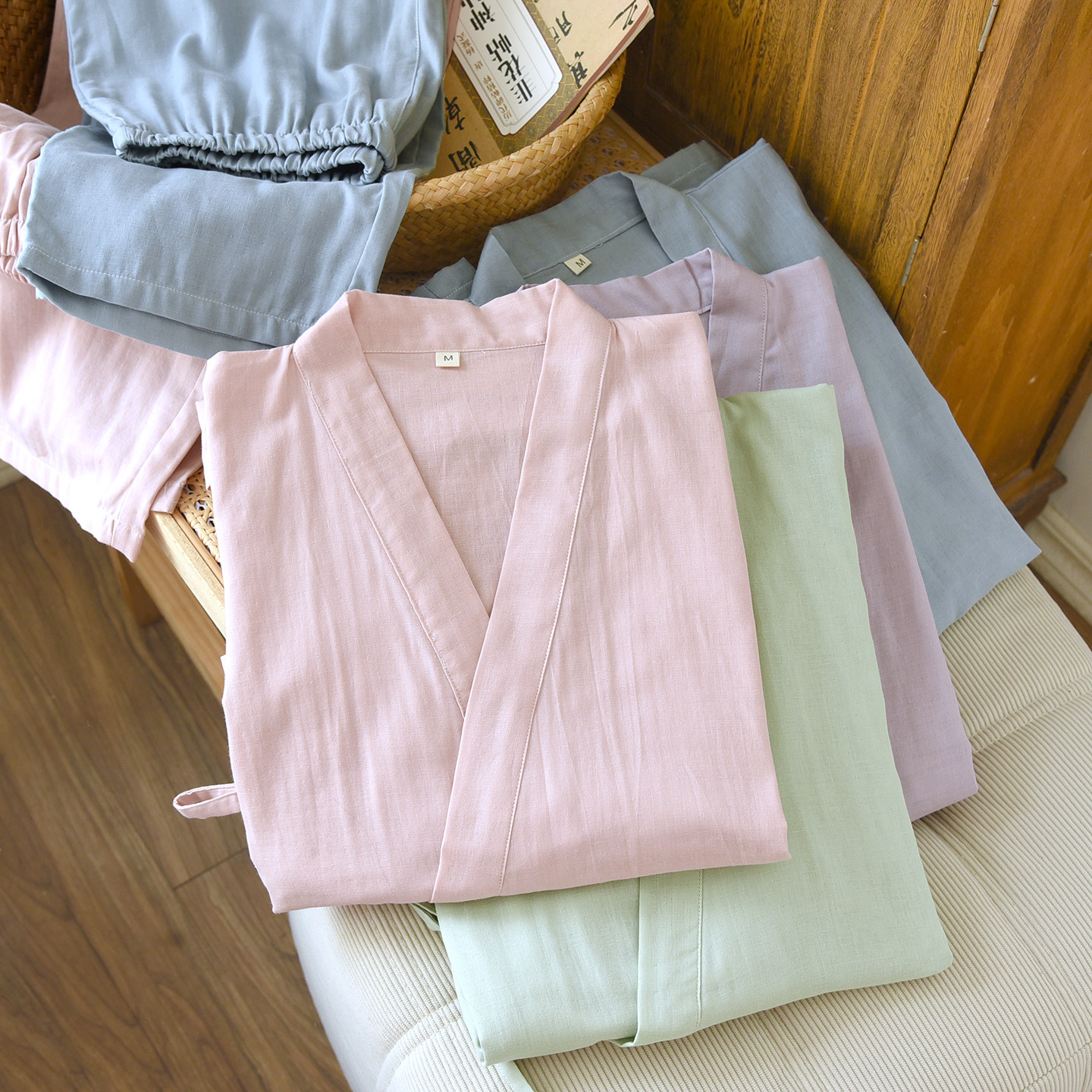 100%全棉睡衣女和服春秋季纯棉双层纱布2026新款夏天七分袖家居服