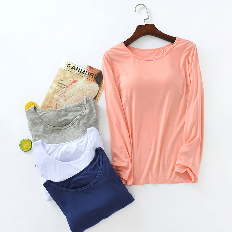 莫代尔长袖t恤女睡衣纯棉带胸垫罩杯一体秋衣休闲纯色打底家居服在类目 女士内衣/男士内衣/家居服, 吊带/背心/T恤中 - 来自Buy2taobao.com提供专业的淘宝代购服务