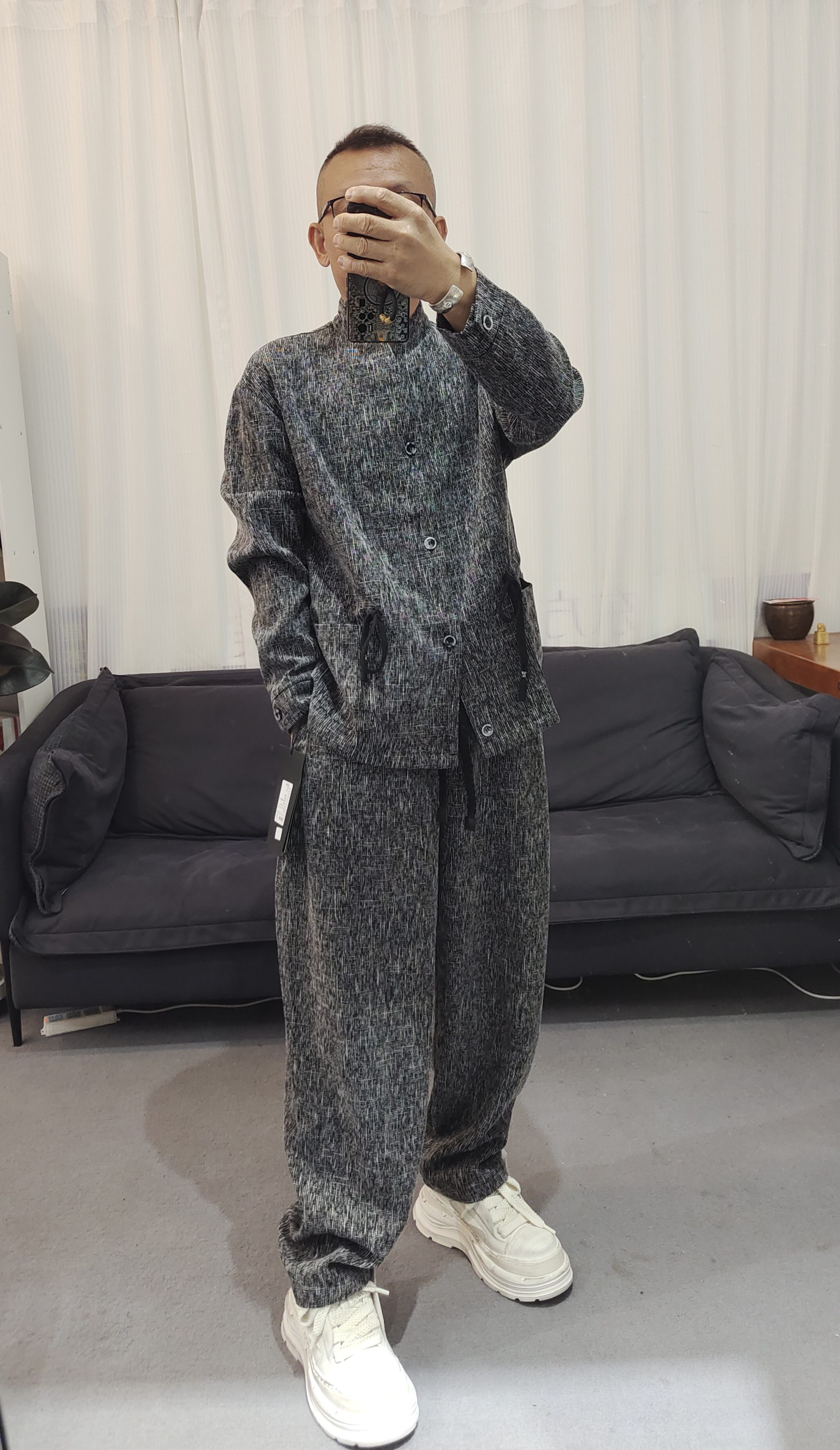 2026秋季男士杂色肌理立领套装 抽绳设计上衣+阔腿裤两件套老钱风