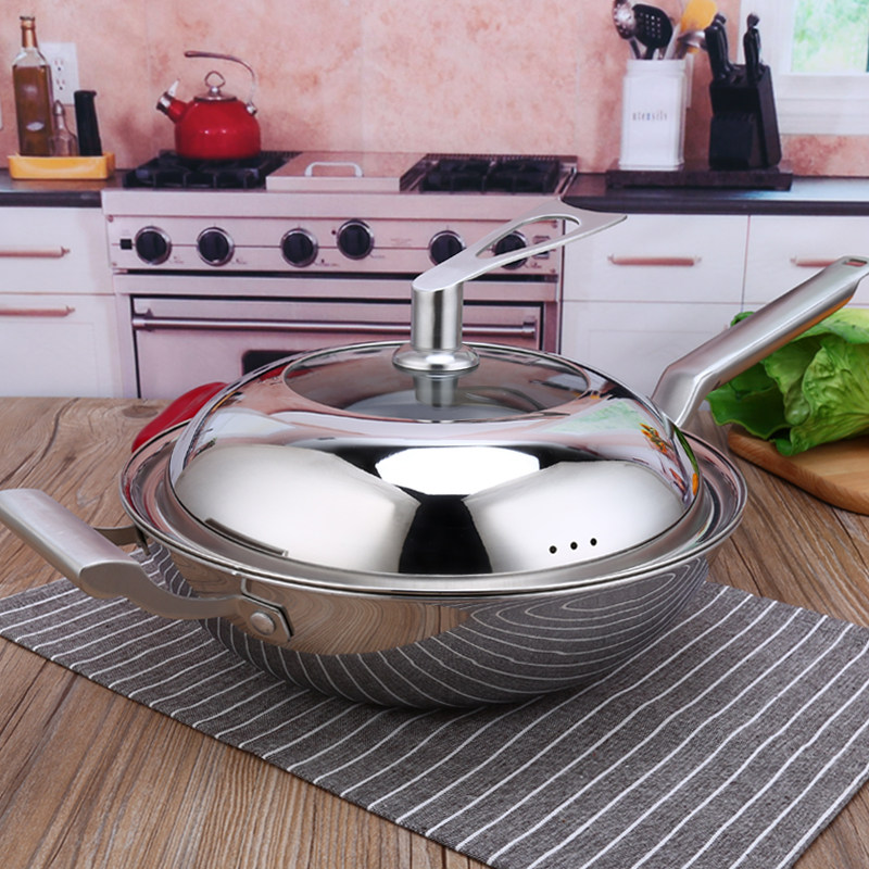 太伴复合304不锈钢炒锅三层双耳不粘锅家用平底锅燃气电磁炉通用