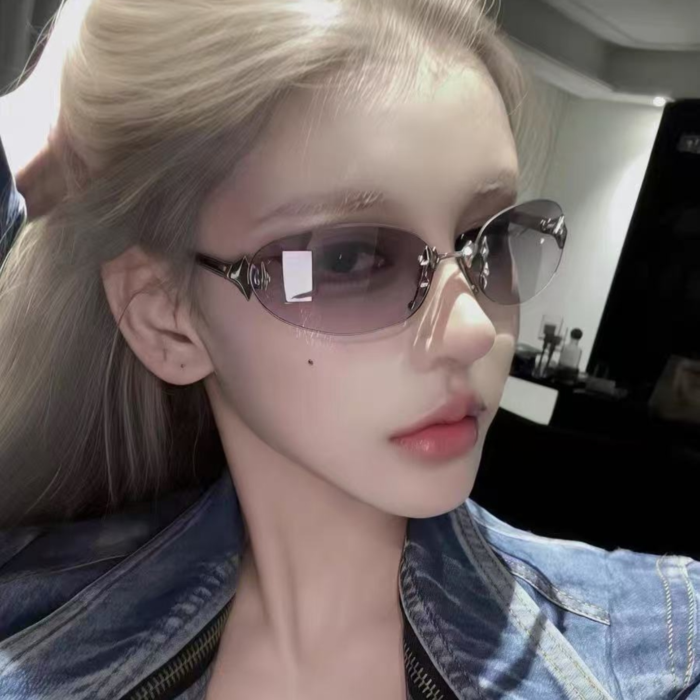 无框渐变水银色椭圆猫眼太阳镜