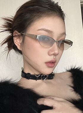 金属老钱风猫眼半框水银色亚裔中古y2k风辣妹墨镜圆脸显瘦太阳镜