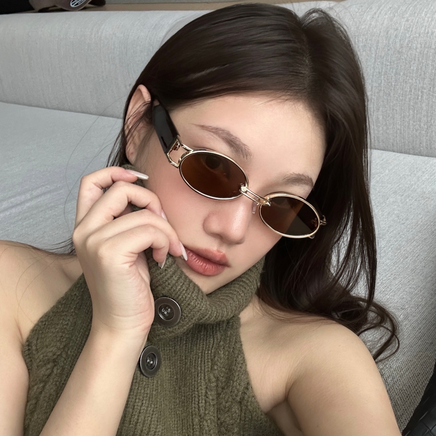 椭圆猫眼金属老钱风茶色太阳镜女