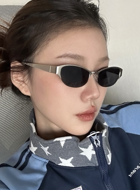 金属银框灰色老钱y2k亚裔风猫眼半框墨镜方圆脸显瘦高级感太阳镜