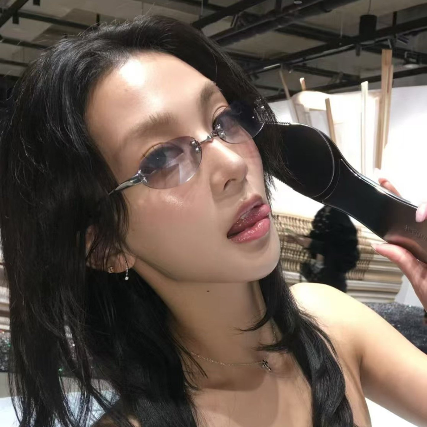 韩女同款复古无框椭圆猫眼渐变水银色墨镜女方圆脸显瘦高级太阳镜