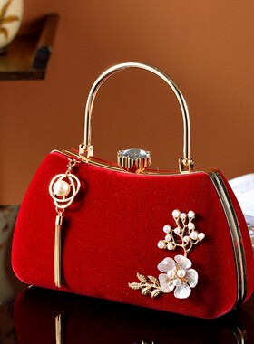 旗袍专用手包喜妈妈婚宴包包手提包手拎包丝绒红色包包女2025新款