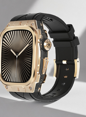 适用Applewatch10代铝合金表带金属改装一体壳手表带蝴蝶扣苹果iwatch9s10个性46液态硅胶个性橡树46mm男透明