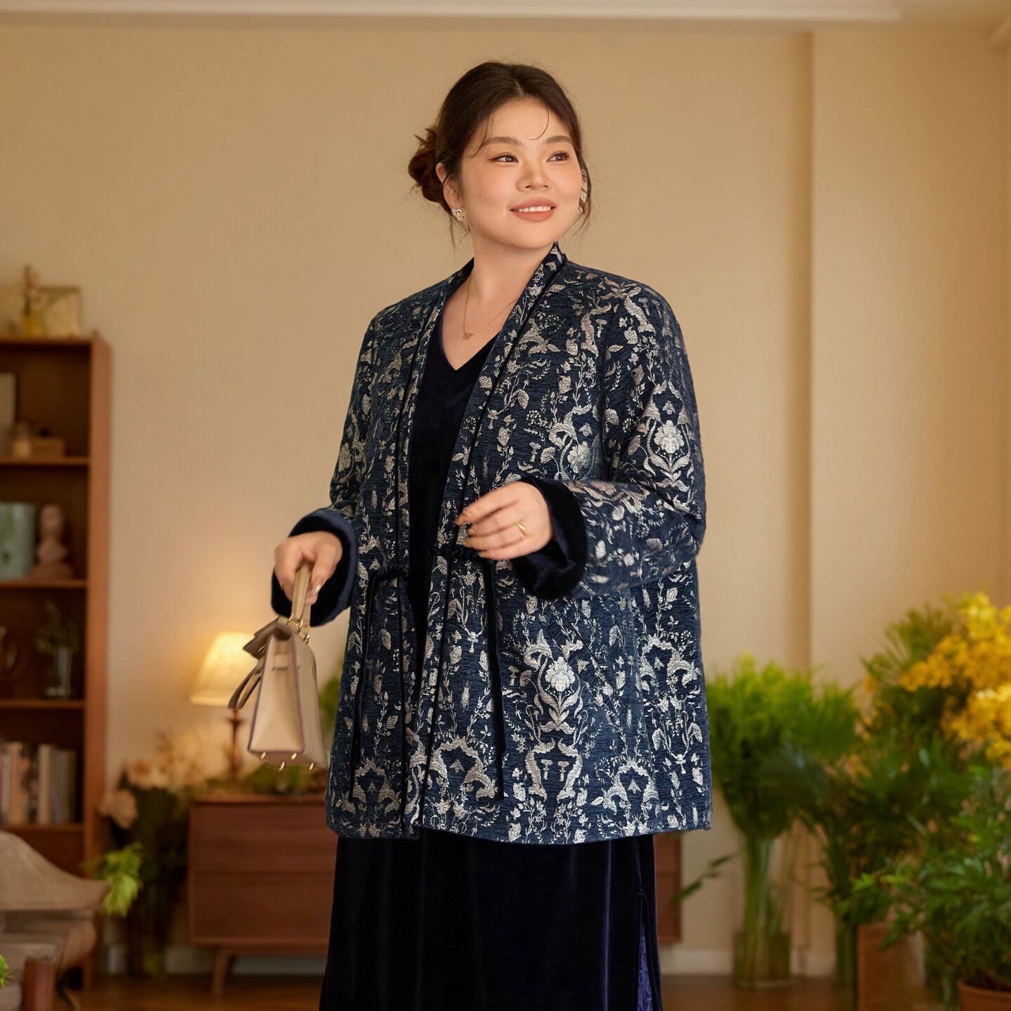 美丽客栈大码女装2025冬新款棉衣胖mm显瘦雪尼尔提花藏蓝色棉外套