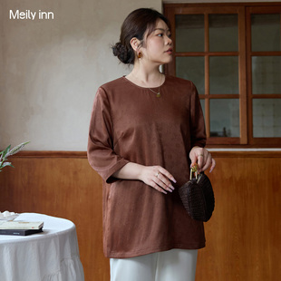 美丽客栈2025夏大码 宽松显瘦圆领上衣 女装 胖mm高级感遮肚子中长款