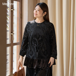 夜宴 冬新款 美丽客栈大码 针织植绒木耳边打底衫 胖mm上衣女 女装