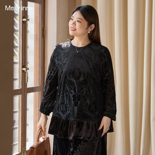 美丽客栈针织植绒木耳边打底衫