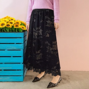 美丽客栈大码女装立体丝绒压花蕾丝半身裙2025冬新款胖mm优雅裙子