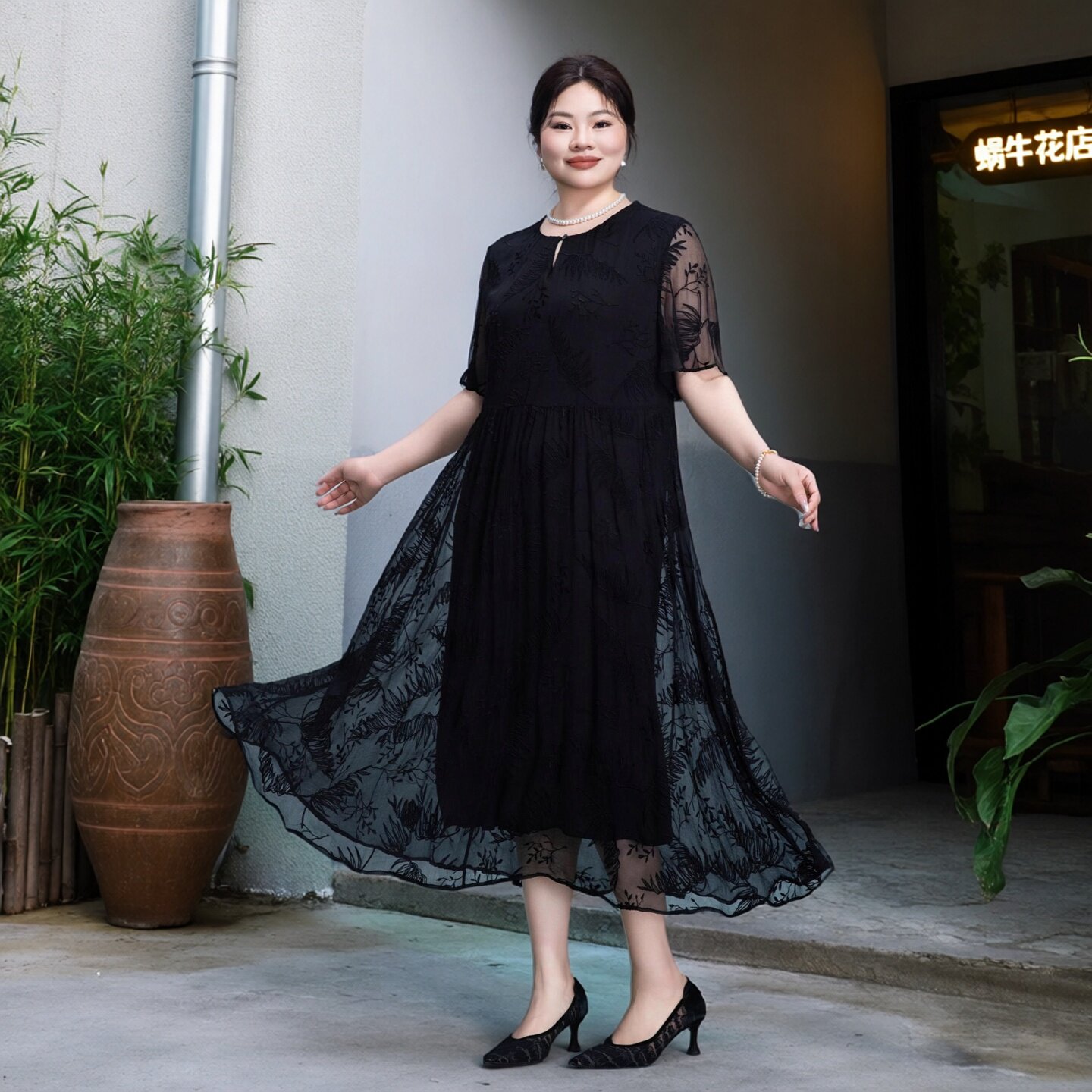 美丽客栈原创高端大码女装胖mm200斤加肥加大真丝抑菌绣花连衣裙