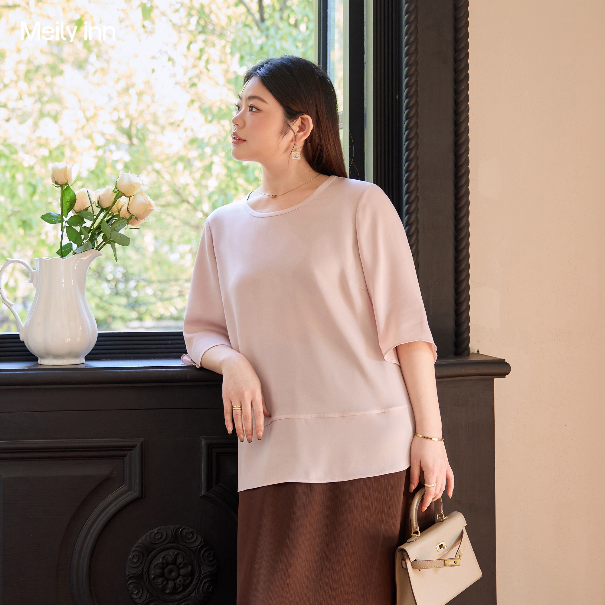 美丽客栈高端大码女装2026春新款醋酸五分袖上衣胖mm显瘦气质T恤