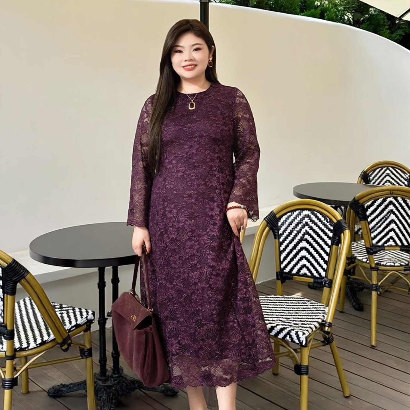 美丽客栈原创高端大码女装胖mm200斤紫蕾丝圆领公主裙国风连衣裙