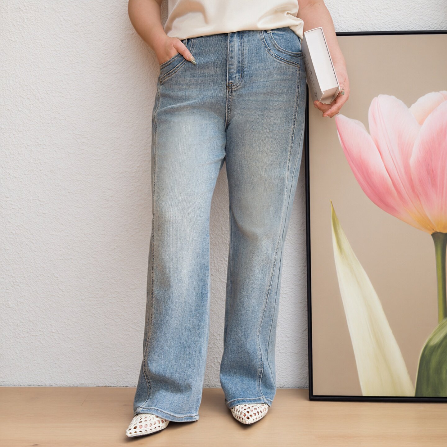 美丽客栈原创高端大码女装胖mm200斤加肥加大阔腿浅色牛仔裤春秋