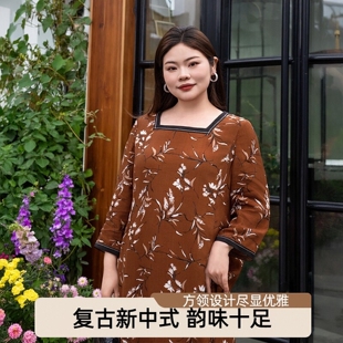 复古新中式 女胖mm秋季 美丽客栈橘淮连衣裙大码 方领中长裙 国风