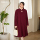 盘扣显瘦针织连衣裙 女装 100%绵羊毛 酒红色新中式 美丽客栈大码