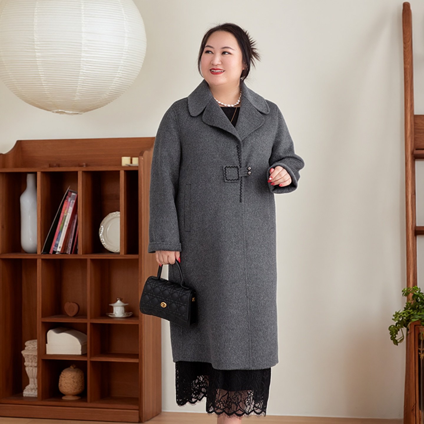 美丽客栈高端大码高级感修身型长袖西装领中长款双面呢外套女冬装