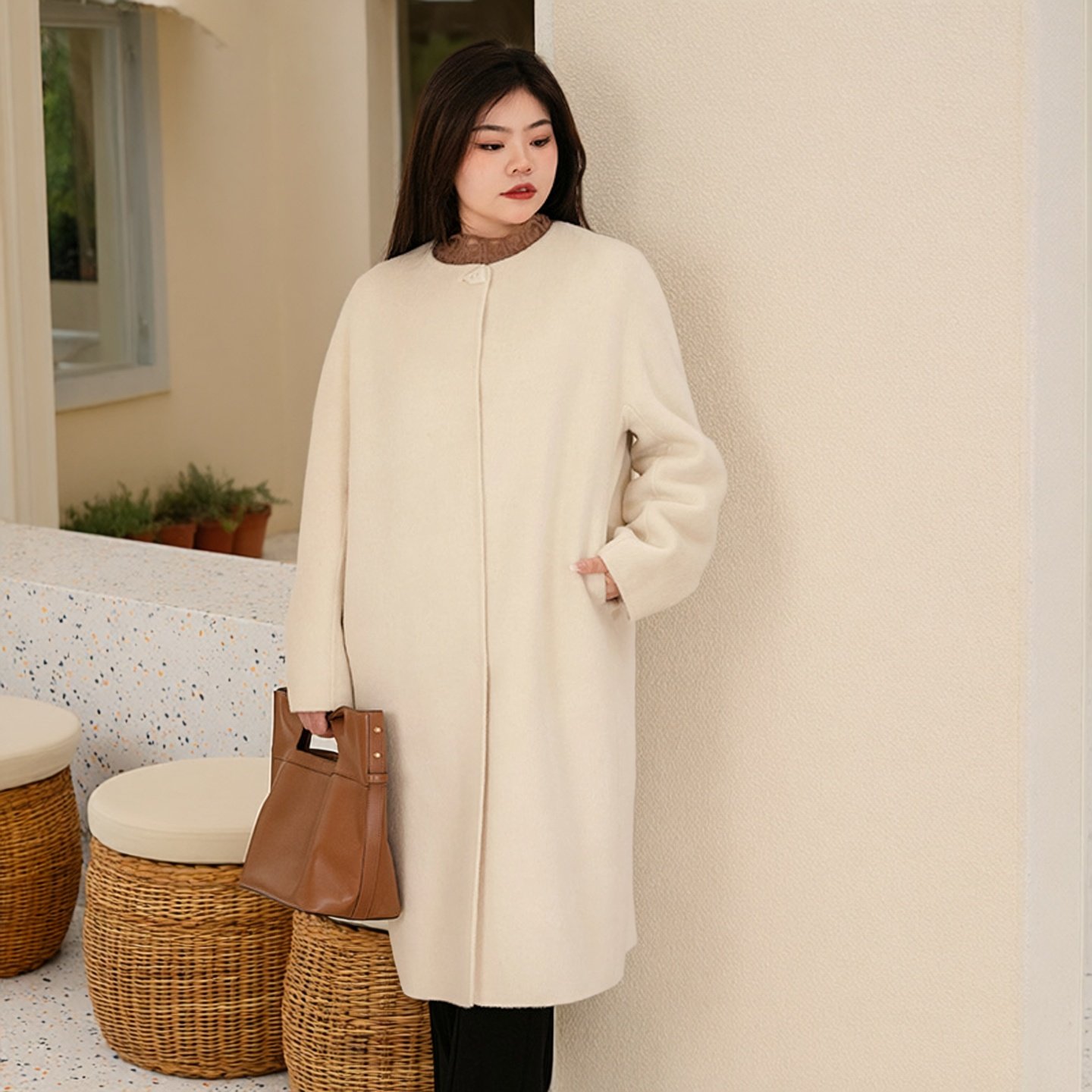 美丽客栈高端大码女装绵羊毛真丝毛呢外套轻奢高级感双面呢大衣冬