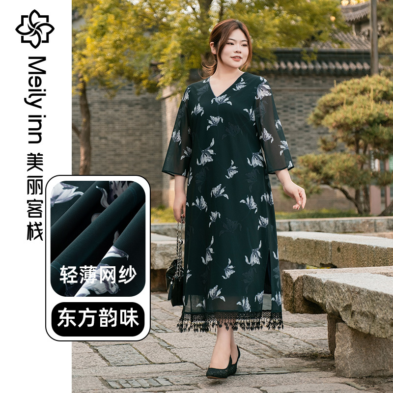 輕薄網紗新中式復古大碼連衣裙